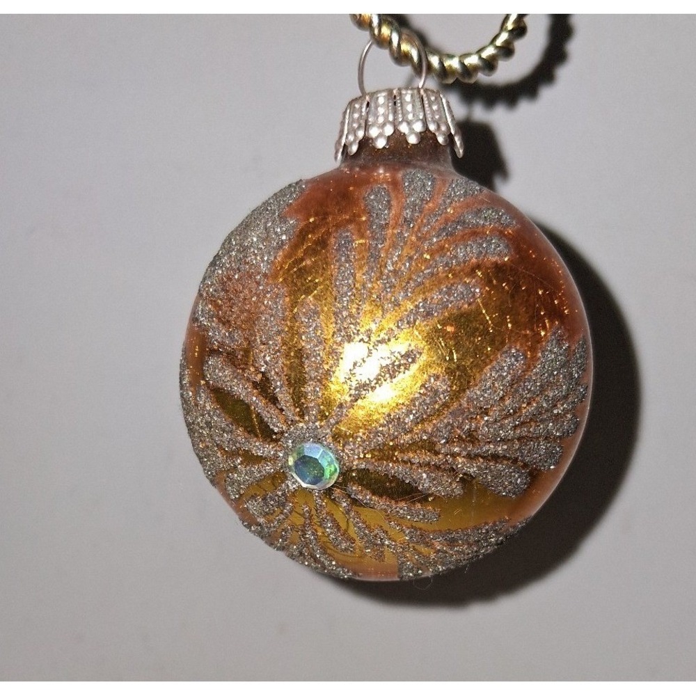 Vintage West Germany Glass Christmas Ornament 2.5" Amber Gold Glitter Floral